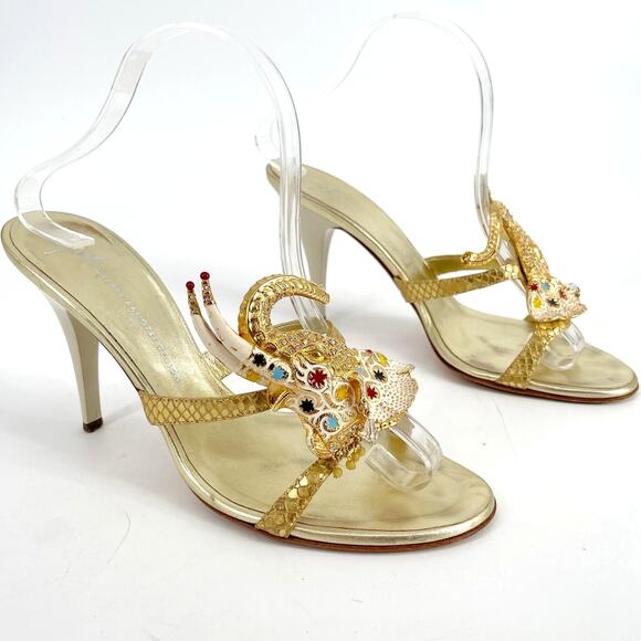 Giuseppe Zanotti Gold Crystal Embellished Elephant Metallic Heel Sandals IT 39 - Picture 1 of 13